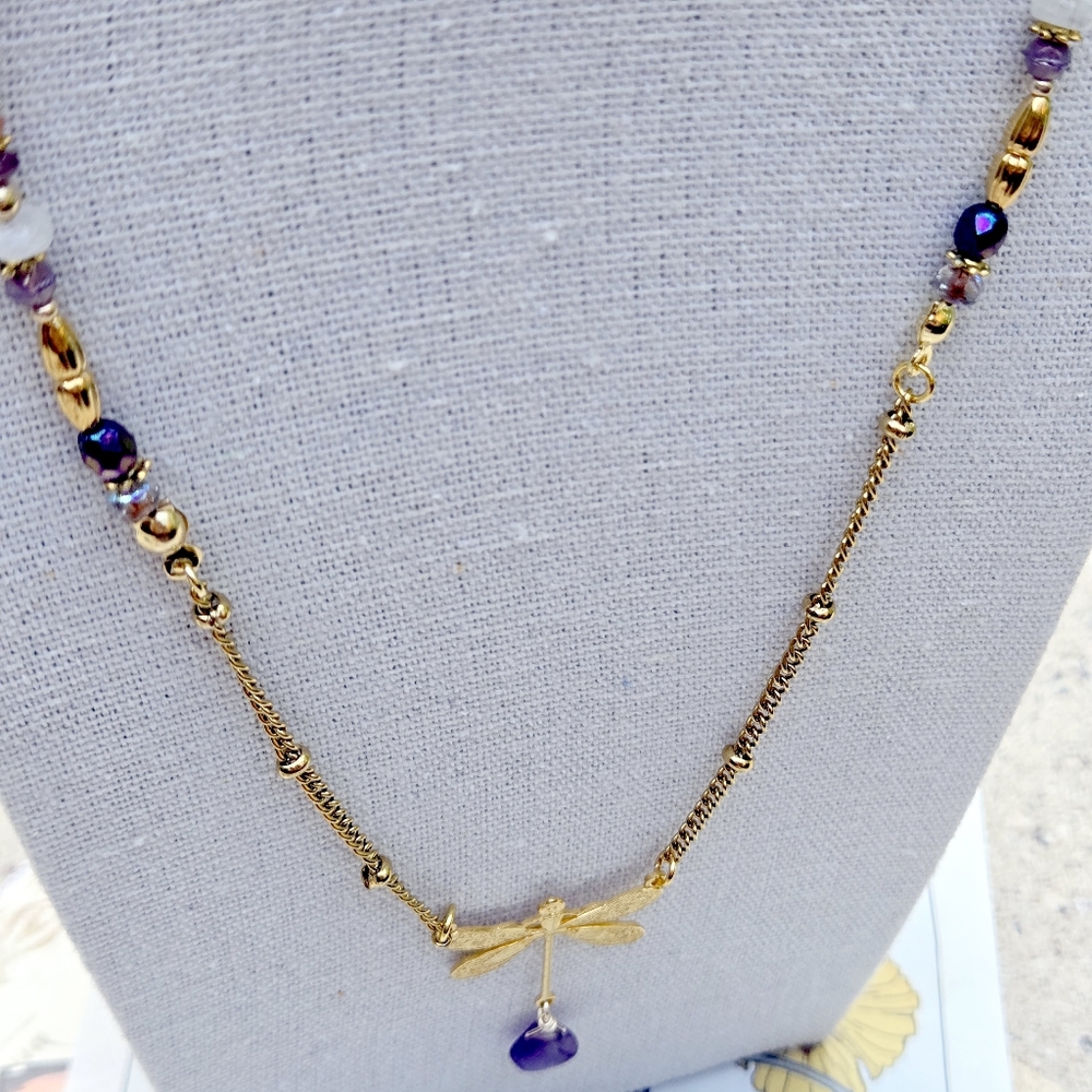 Handmade AMETHYST Gemstone DRAGONFLY Pendant Charm Necklace. 16-18" - Picture 9 of 12